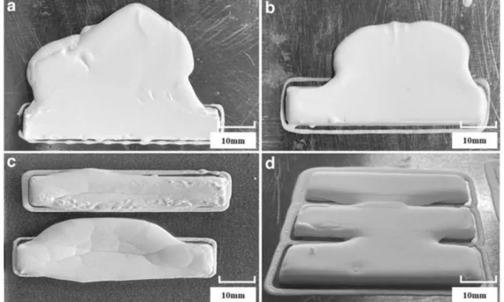 FIG. 2. Partial slurry printing characteristics with different solid contents: (a) 54 wt.%, (b) 56 wt.%, (c) 58 wt.%, (d) 60 wt.%.