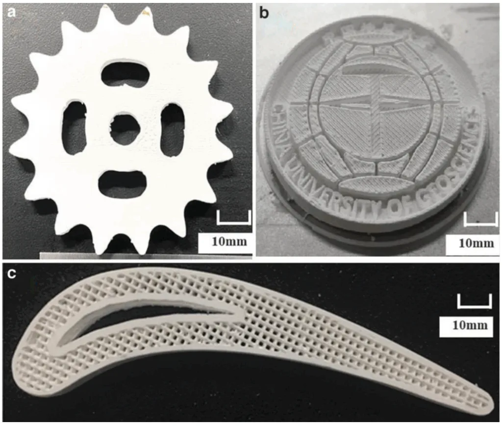 FIG. 21. Different samples prepared by the optimized printing parameter obtained by the orthogonal experimental
method: (a) Gear shape, (b) CUG badge, (c) Porous structure.