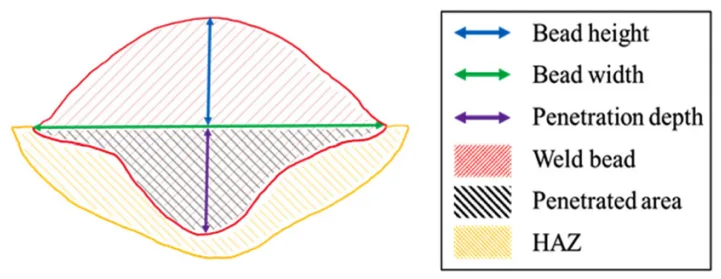 Fig. 4. Schematic diagram of the measured length and crosssectional area of the weld bead.