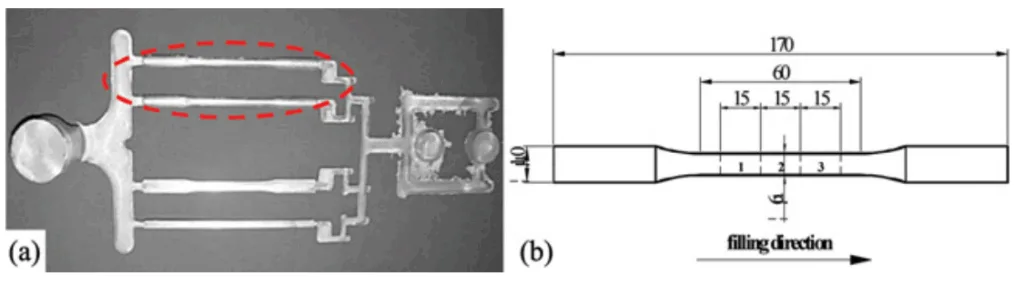 FIGURE 1.—(a) Profile of die casting samples; part within broken line was adopted in this work; (b) schematic of the rounded tensile specimens and locations of density samples (groups 1, 2, 3).