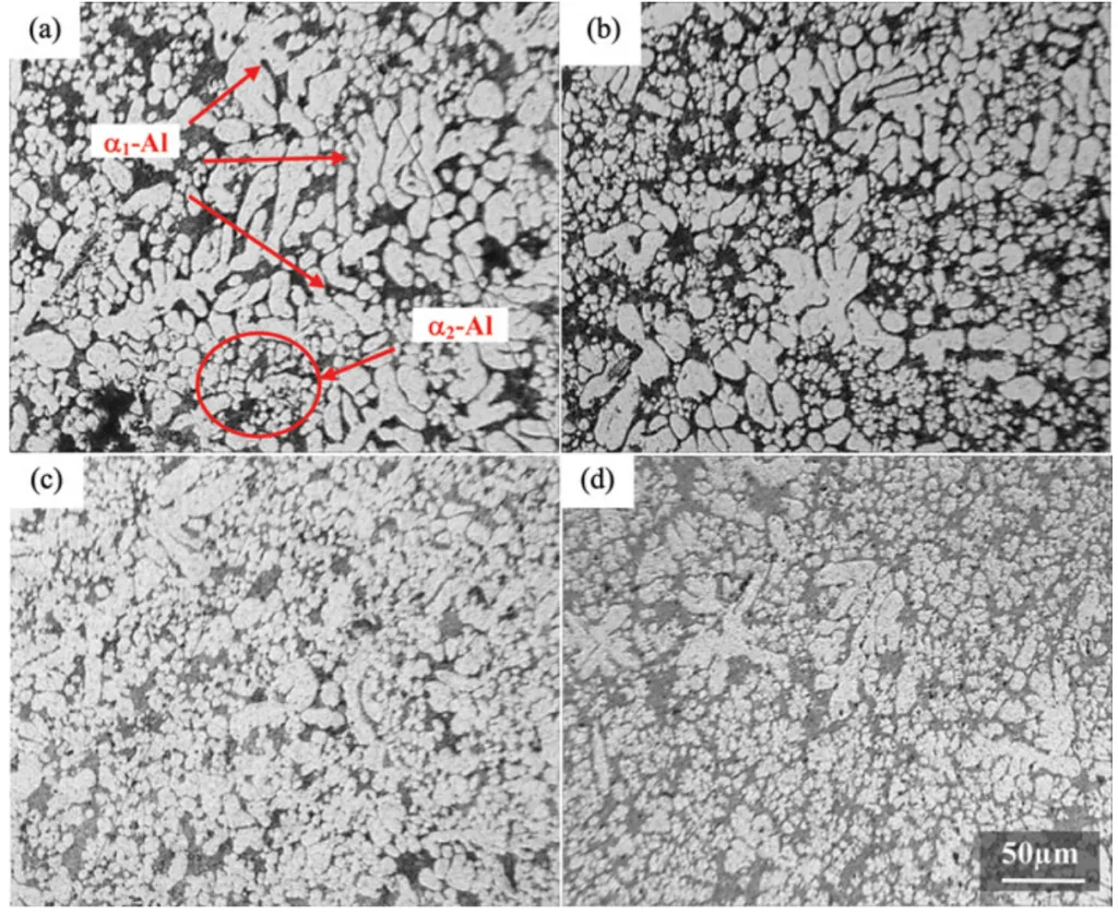 FIGURE 3.—Microstructure of specimens formed by varying injection pressure: (a) 60 MPa, (b) 80 MPa, (c) 100MPa, (d) 125MPa. Brighter regions are a-Al grains and the darker regions are a mixture of empty and [Al þ Mg2Si] eutectic regions.