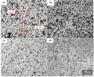 FIGURE 3.—Microstructure of specimens formed by varying injection pressure: (a) 60 MPa, (b) 80 MPa, (c) 100MPa, (d) 125MPa. Brighter regions are a-Al grains and the darker regions are a mixture of empty and [Al þ Mg2Si] eutectic regions.