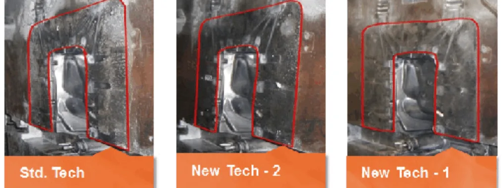 Figure 8: Pictures of dies from trials for low ex-cavity technology. Picture on left is for die sprayed with conventional technology die lubricant, picture in middle and right is for die sprayed with new technology die lubricants.