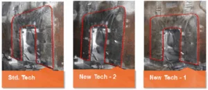 Figure 8: Pictures of dies from trials for low ex-cavity technology. Picture on left is for die sprayed with conventional technology die lubricant, picture in middle and right is for die sprayed with new technology die lubricants.