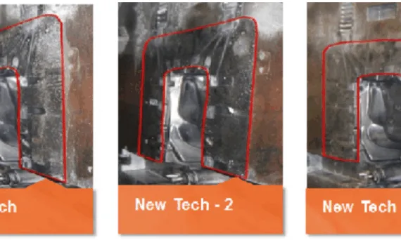 Figure 8: Pictures of dies from trials for low ex-cavity technology. Picture on left is for die sprayed with conventional technology die lubricant, picture in middle and right is for die sprayed with new technology die lubricants.