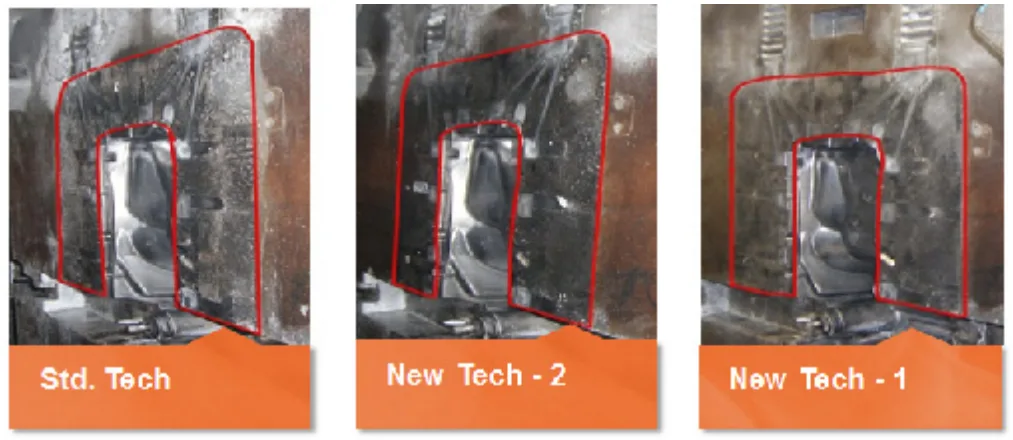 Figure 8: Pictures of dies from trials for low ex-cavity technology. Picture on left is for die sprayed with conventional technology die lubricant, picture in middle and right is for die sprayed with new technology die lubricants.