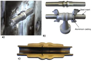 Figure 3.23 Demo-axial sample as a compound casting, a) Steel insert positioned in a squeeze casting mould [58], b) Steel insert (top) and compound casting [58], c) Cross section of the sample [57]