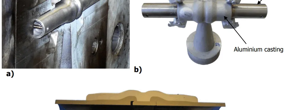 Figure 3.23 Demo-axial sample as a compound casting, a) Steel insert positioned in a squeeze casting mould [58], b) Steel insert (top) and compound casting [58], c) Cross section of the sample [57]