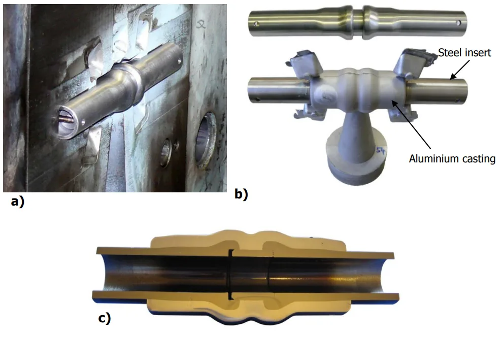 Figure 3.23 Demo-axial sample as a compound casting, a) Steel insert positioned in a squeeze casting mould [58], b) Steel insert (top) and compound casting [58], c) Cross section of the sample [57]
