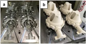 Figure 1. Organic cores production by the cold-box process: (a) half core box, (b) organic cores.