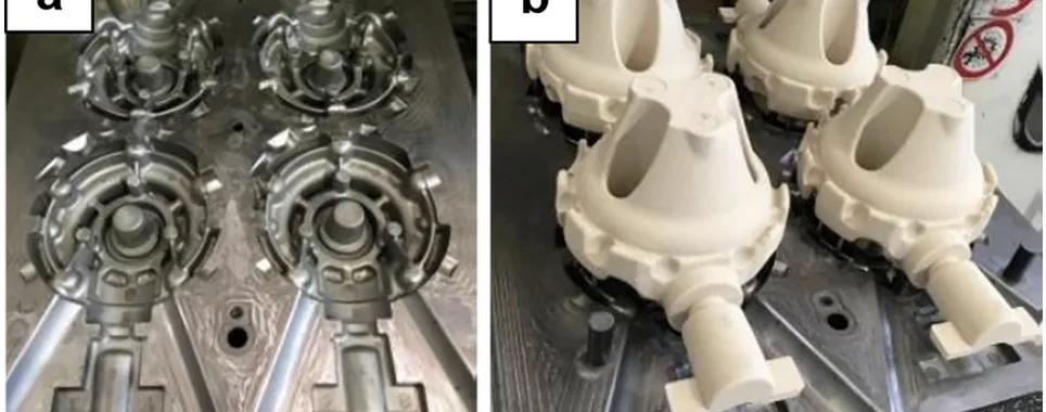 Figure 1. Organic cores production by the cold-box process: (a) half core box, (b) organic cores.