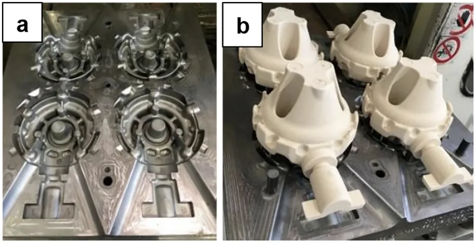 Figure 1. Organic cores production by the cold-box process: (a) half core box,
(b) organic cores.