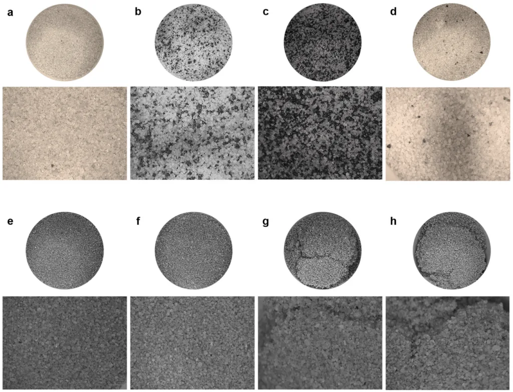 Figure 2. Images of the sand appearance during the moisture absorption test. Organic cores: (a) initial condition, (b) after loss of ignition for 2 hours, (c) after loss of ignition for 3 hours and (d) after loss of ignition for 4 hours. Inorganic cores: (e) initial condition, (f) after loss of ignition for 1 hour, (g) after loss of ignition for 2 hours and (h) after loss of ignition for 3 hours.