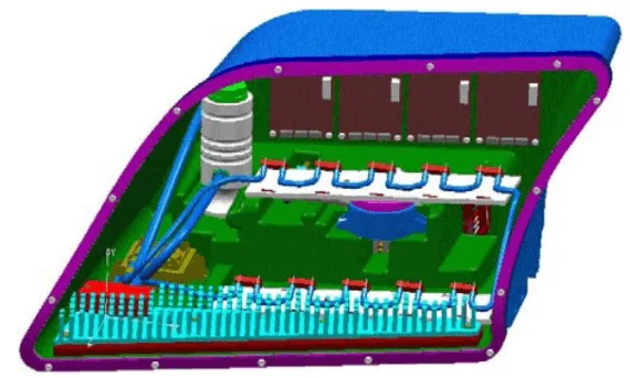Figure 4. Active liquid cooling configuration—the liquid loop connects all the LB cold plates in series followed by the HB in series and then into the heat exchanger.