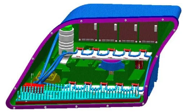Figure 4. Active liquid cooling configuration—the liquid loop connects all the LB cold plates in series followed by the HB in series and then into the heat exchanger.