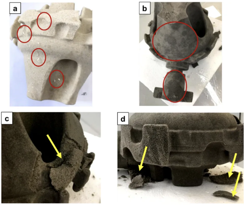 Figure 4. Images of cores after moisture absorption tests in the climate chamber: (a) organic after conditioning for 60 min; (b) inorganic core after conditioning for 60 min; (c) and (d) breakage of the inorganic core in (b).