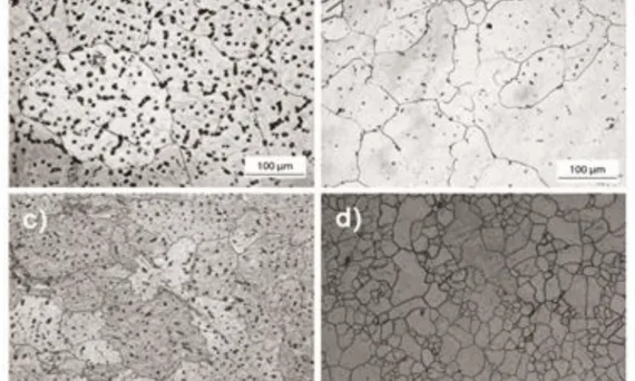 Fig. 1. Microstructure of AZ31 magnesium alloys: a) CC as-cast, b) CC after homogenization annealing at 450 °C for 10 hours, c) TRC as-cast, d) TRC after homogenization annealing at 450 °C for 10 hours.