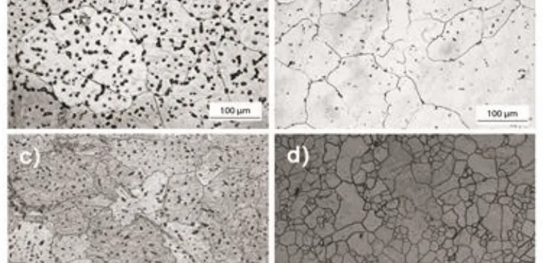 Fig. 1. Microstructure of AZ31 magnesium alloys: a) CC as-cast, b) CC after homogenization annealing at 450 °C for 10 hours, c) TRC as-cast, d) TRC after homogenization annealing at 450 °C for 10 hours.