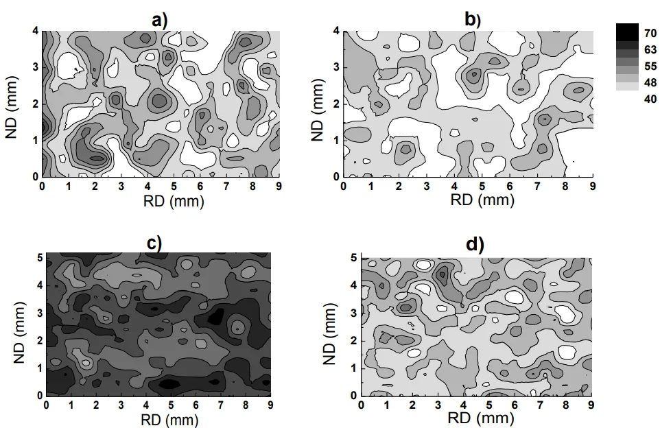 Fig. 4. Microhardness mapping (in MPa) of the cross-section of AZ31 magnesium alloys: a) as-cast CC AZ31
alloy, b) CC alloy after homogenization annealing at 450 °C for 10 h, c) as-cast TRC alloy, d) TRC alloy after
homogenization annealing at 450 °C for 10 h.
