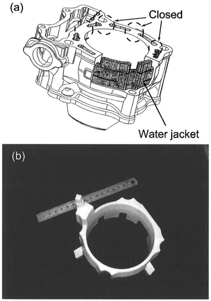 Fig. 12 (a) Design of trial single closed deck type cylinder block and (b) Appearance of salt core prepared for water jacket of single closed deck type cylinder block made by die casting machine.