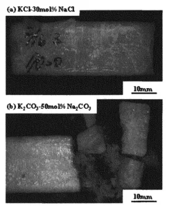 Fig. 2 Photographs of specimens at room temperature. (a) A lot of cracks are found in KCI-30 mol%NaCl specimen. (b) K2CO3-50 mol%Na2CO3 specimen shows very brittle behavior.
