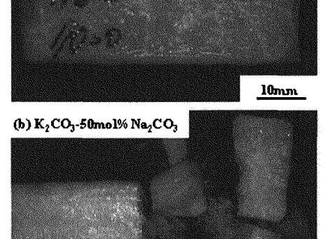 Fig. 2 Photographs of specimens at room temperature. (a) A lot of cracks are found in KCI-30 mol%NaCl specimen. (b) K2CO3-50 mol%Na2CO3 specimen shows very brittle behavior.