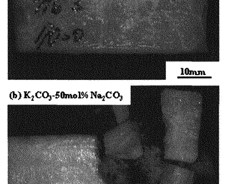 Fig. 2 Photographs of specimens at room temperature. (a) A lot of cracks are found in KCI-30 mol%NaCl specimen. (b) K2CO3-50 mol%Na2CO3 specimen shows very brittle behavior.