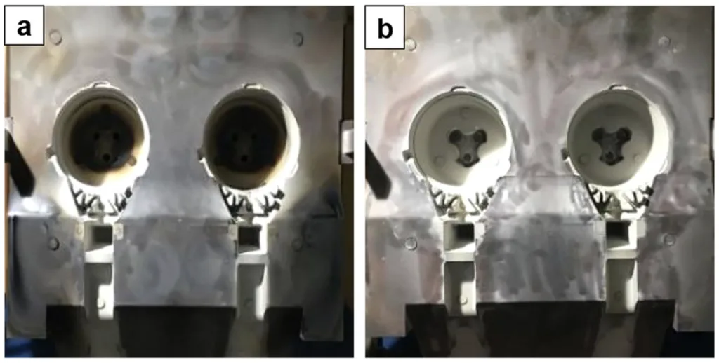 Figure 11. Images of the upper mold halves after 200 cycles with: (a) organic cores, (b) inorganic cores.