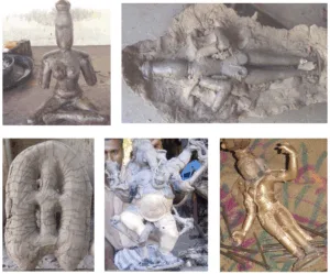 Fig. 1. Ancient lost wax casting method: wax model sculpting, clay covering, wire clasped mould for dewaxing, as-cast Ganesha, and finishing