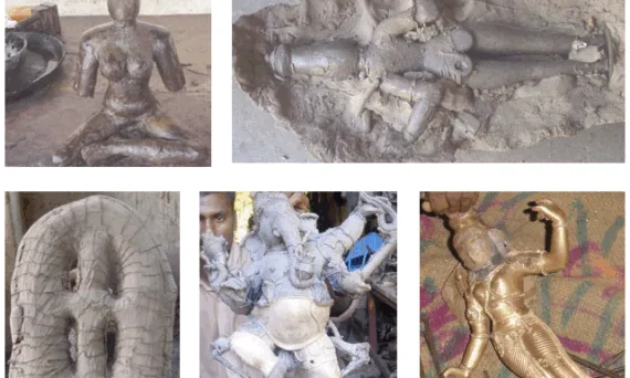 Fig. 1. Ancient lost wax casting method: wax model sculpting, clay covering, wire clasped mould for dewaxing, as-cast Ganesha, and finishing