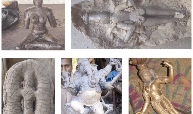 Fig. 1. Ancient lost wax casting method: wax model sculpting, clay covering, wire clasped mould for dewaxing, as-cast Ganesha, and finishing