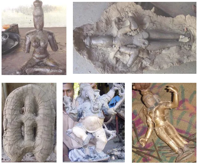 Fig. 1. Ancient lost wax casting method: wax model sculpting, clay covering,
wire clasped mould for dewaxing, as-cast Ganesha, and finishing