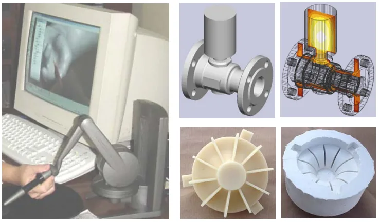 Fig. 2. Some modern technologies relevant to investment casting of complex parts. Left- touch based solid modelling; right top- intelligent feeder design and analysis; right bottom- rapid prototyped wax model and corresponding rubber mould.