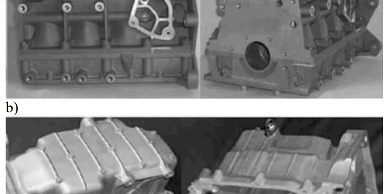 Fig. 1. Examples of automotive components made of Mg alloys a) engine block, b) oil pump