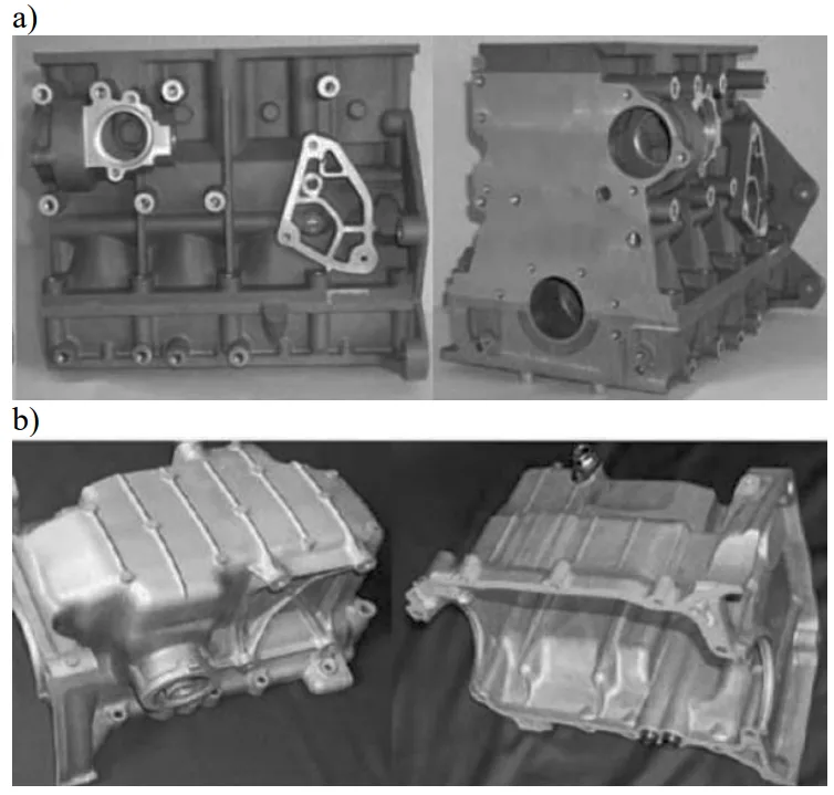 Fig. 1. Examples of automotive components made of Mg alloys a)
engine block, b) oil pump