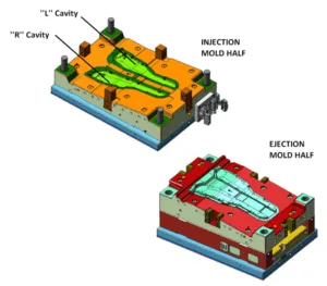 Fig. 7. Example of typical injection mold for automotive industry holding geometry for mirrored parts (left and right side of the vehicle)