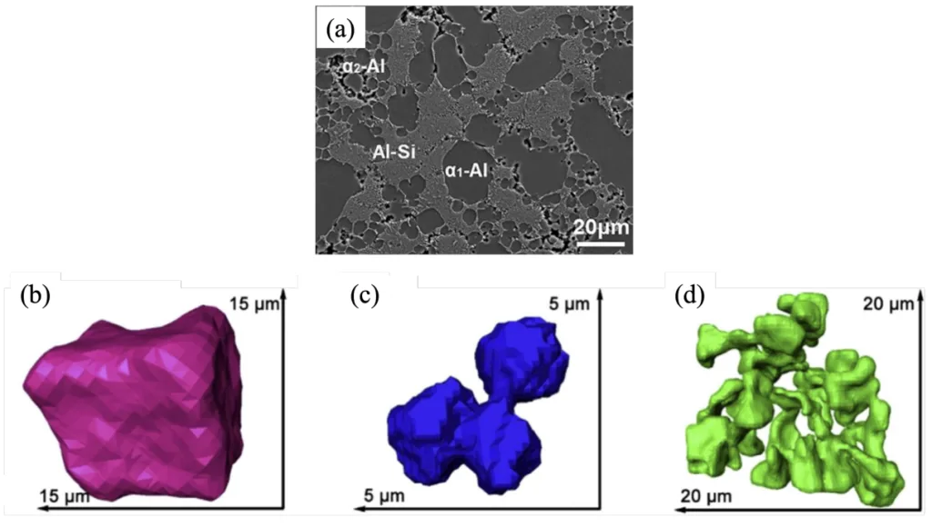 Figure 3.4: As-cast microstructure of HPDC processed primary alloy: (a) SEM image showing
primary α-Al and eutectic Al-Si (adapted from [77]), and (b - d) Synchrotron X-ray tomography
images of α-Fe intermetallics showing their 3D morphology of (b) polyhedral, (c) fne compact,
and (d) Chinese script (adapted from [78]).