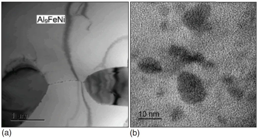 Figure 4. TEM structure of alloy AZ6NF (T6): a – Al9FeNi and b – secondary segregations.