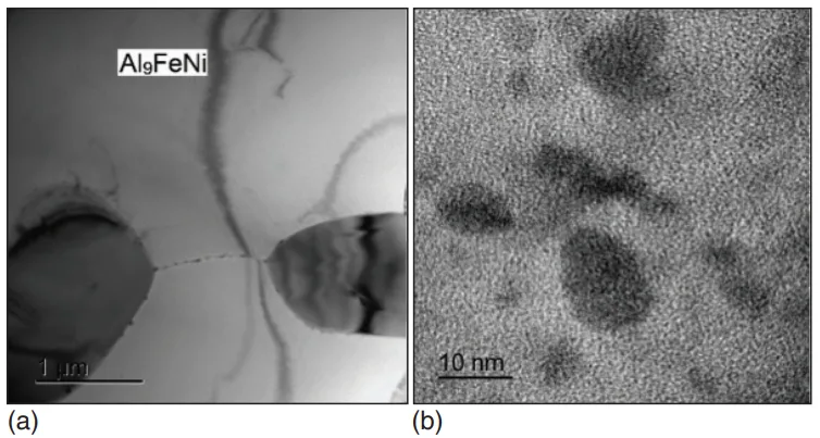 Figure 4. TEM structure of alloy AZ6NF (T6): a – Al9FeNi and b – secondary segregations.