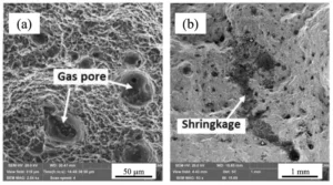 Figure 3.5: SEM images on the fracture surface of HPDC processed primary alloy showing: (a) gas pores, and (b) shrinkage pore. (adapted from [79])