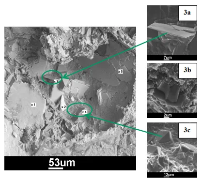 Fig. 3: SEM micrographs of fracture surface of gravity die casting specimens of
AlSi14Cu4Fe1,8Cr0,3Mn0,1