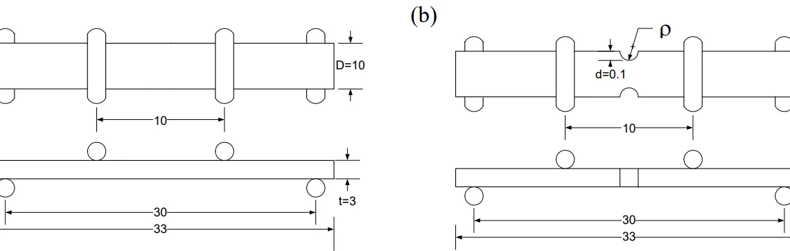 Figure 1 Shape and dimensions of specimen (a) smooth specimen, (b) notched specimen (in mm)
