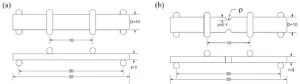 Figure 1 Shape and dimensions of specimen (a) smooth specimen, (b) notched specimen (in mm)