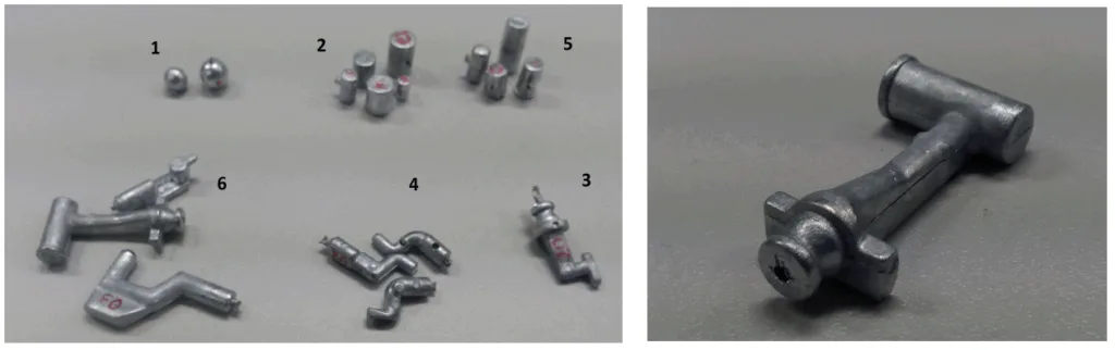 Fig. 2. (a) Family and shapes of terminals used ((1) spherical, (2) cylinders, (3) L shapes, (4) S shape or cranks, (5) modified cylinders, (6) special shapes); (b) Piece to be studied.