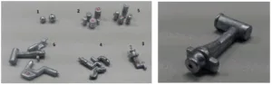 Fig. 2. (a) Family and shapes of terminals used ((1) spherical, (2) cylinders, (3) L shapes, (4) S shape or cranks, (5) modified cylinders, (6) special shapes); (b) Piece to be studied.