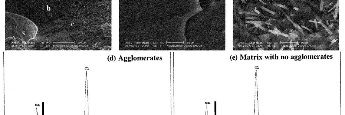 Fig. 9: Microstructures and EDX results of purified NaCl (99.5%) reinforced by aluminum borate whisker. Whisker addition is 3.8vol%. (a) is SEM image with low magnification. (b) and (c) are enlarged area in fig. 6 (a). (d) and (e) are EDX results analyzed at fig.6 (b) and (c), respectively.