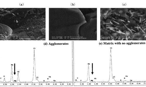 Fig. 9: Microstructures and EDX results of purified NaCl (99.5%) reinforced by aluminum borate whisker. Whisker addition is 3.8vol%. (a) is SEM image with low magnification. (b) and (c) are enlarged area in fig. 6 (a). (d) and (e) are EDX results analyzed at fig.6 (b) and (c), respectively.