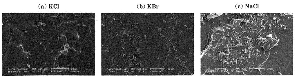Fig. 5: Microstructures of industrial grade alkali halides reinforced by aluminum borate whisker. Whisker additions are (a) 4.1 vol%, (b) 4.7 vol% and (c) 3.8 vol%.