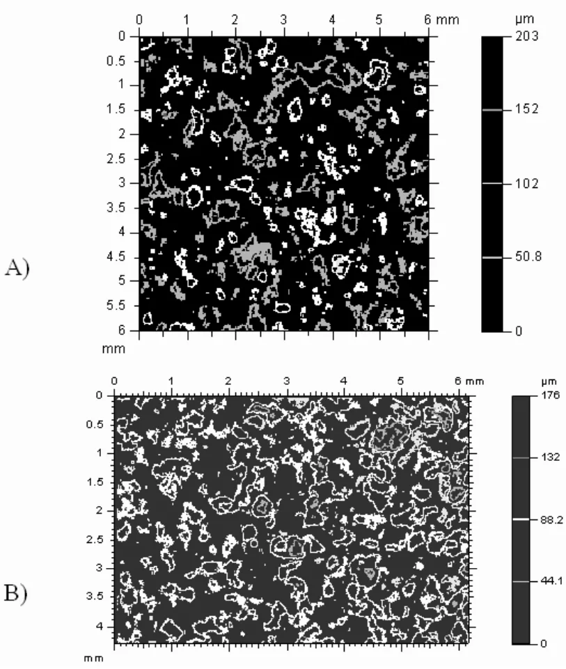 Fig. 4. The distribution of tops on surface of sample from
EN AC-AlSi9Cu3(Fe) sand cast alloy A) before anodization,
B) after anodization.