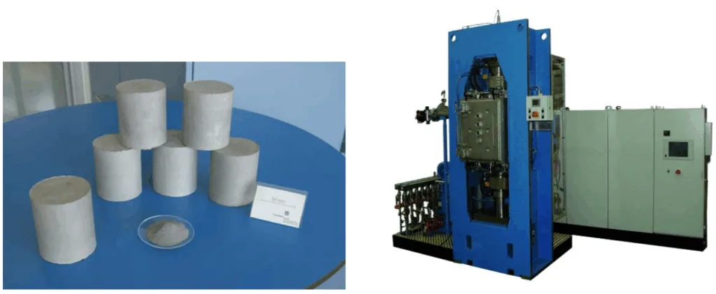 Figure 1. Aluminium pre-compacts (Ø 75mm, h 85mm, 99,3% theoretical density)
consolidated by SPS using the FCT-HP D 250 of FCT Systeme GmbH, Germany